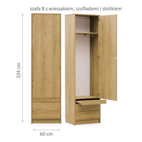 Szafa Basic "S" szer. 60 cm z  wieszakiem, szufladami i półką (kolor do wyboru)