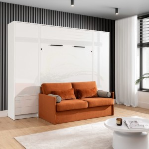 Półkotapczan z sofą GENIUS 140x200 lub 160x200 cm kolor biały połysk rozwiązanie do małych pomieszczeń (sofa z pojemnikiem)