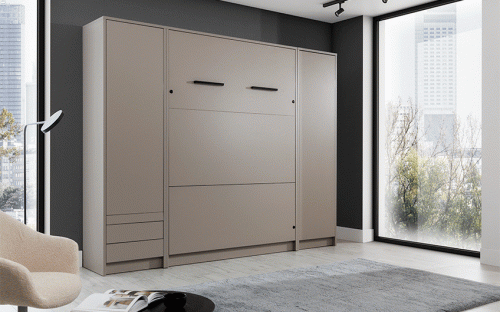 Łóżko w szafie/półkotapczan pionowy GENIUS (biały połysk) 120x200 | 140x200|160x200 z siłownikami gazowymi i szafami do wyboru