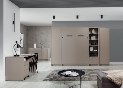 Łóżko w szafie/półkotapczan pionowy GENIUS (biały połysk) 120x200 | 140x200|160x200 z siłownikami gazowymi i szafami do wyboru