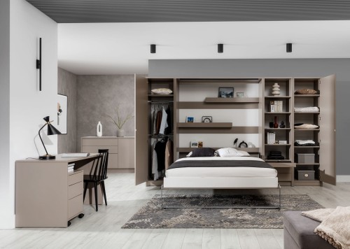 Łóżko w szafie/półkotapczan pionowy GENIUS (biały połysk) 120x200 | 140x200|160x200 z siłownikami gazowymi i szafami do wyboru