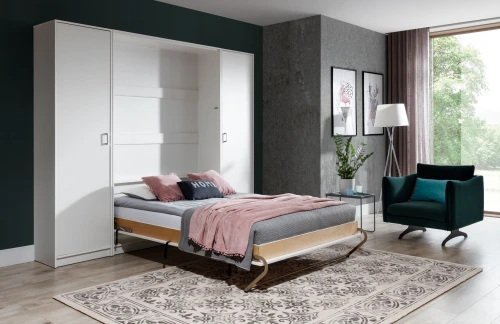 Półkotapczan pionowy New Elegance BASIC 90x200 | 120x200 | 140x200 w białym połysku na frontach z szafami do wyboru