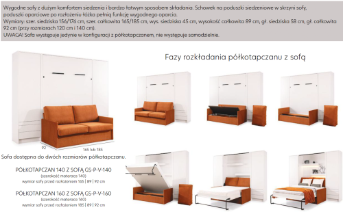 Półkotapczan z sofą GENIUS 140x200 lub 160x200 cm kolory matowe, rozwiązanie do małych pomieszczeń (sofa z pojemnikiem)