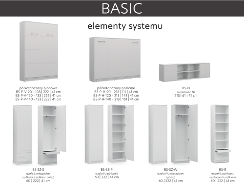 Półkotapczan pionowy New Elegance BASIC 90x200 | 120x200 | 140x200 w białym połysku na frontach z szafami do wyboru