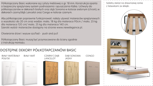 Półkotapczan poziomy BASIC 90x200 | 120x200 | 140x200 w białym połysku na frontach z szafami i nadstawką do wyboru