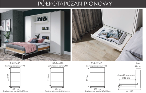 Półkotapczan pionowy New Elegance BASIC 90x200 | 120x200 | 140x200 w białym połysku na frontach z szafami do wyboru