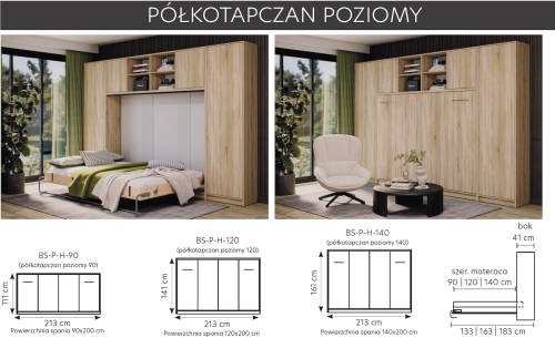 Półkotapczan poziomy Basic 90x200 | 120x200 | 140x200 dąb Sonoma jasny z szafami i nadstawką do wyboru