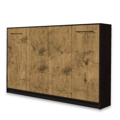 Półkotapczan/łóżko w szafie poziome BASIC 140x200 dwuosobowe Dąb Lancelot/czarny mat z dodatkowymi szafami i nadstawką