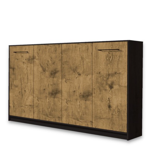 Półkotapczan/łóżko w szafie poziome BASIC 120x200 dwuosobowe Dąb Lancelot/czarny mat z dodatkowymi szafami i nadstawką