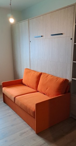 Półkotapczan z sofą GENIUS 140x200 lub 160x200 cm kolory matowe, rozwiązanie do małych pomieszczeń (sofa z pojemnikiem)