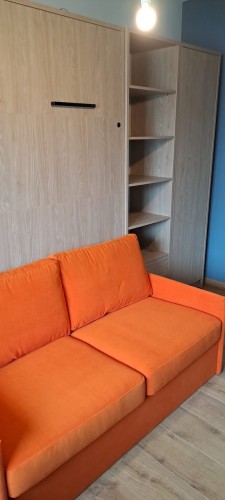 Półkotapczan Genius z sofą tapicerka Mystic 64, dodatkowy regał i szafa.jpg