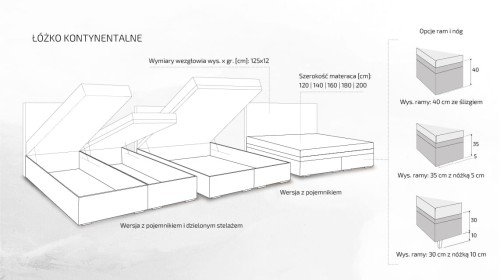 Łóżko kontynentalne Rocco z pojemnikiem lub bez