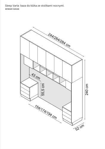 Baza łóżka ze stolikami nocnymi  z systemu zabudowy Sleep Varia fronty biały mat