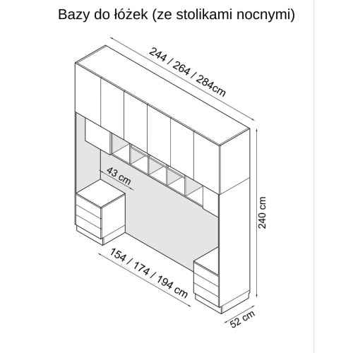 Baza łóżka ze stolikami nocnymi z systemu zabudowy Sleep Varia fronty biały połysk