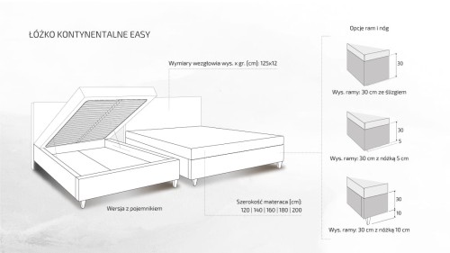 Łóżko kontynentalne Valentino z pojemnikiem lub bez