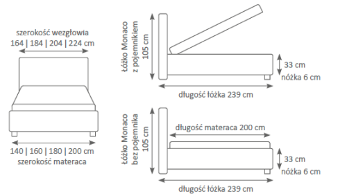 Łóżko tapicerowane Monaco z pojemnikiem lub bez