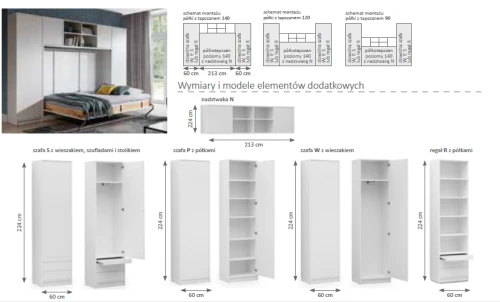 Półkotapczan poziomy Basic 90x200 | 120x200 | 140x200 kolory matowe jednoosobowy lub dwuosobowy z szafami i nadstawką do wyboru